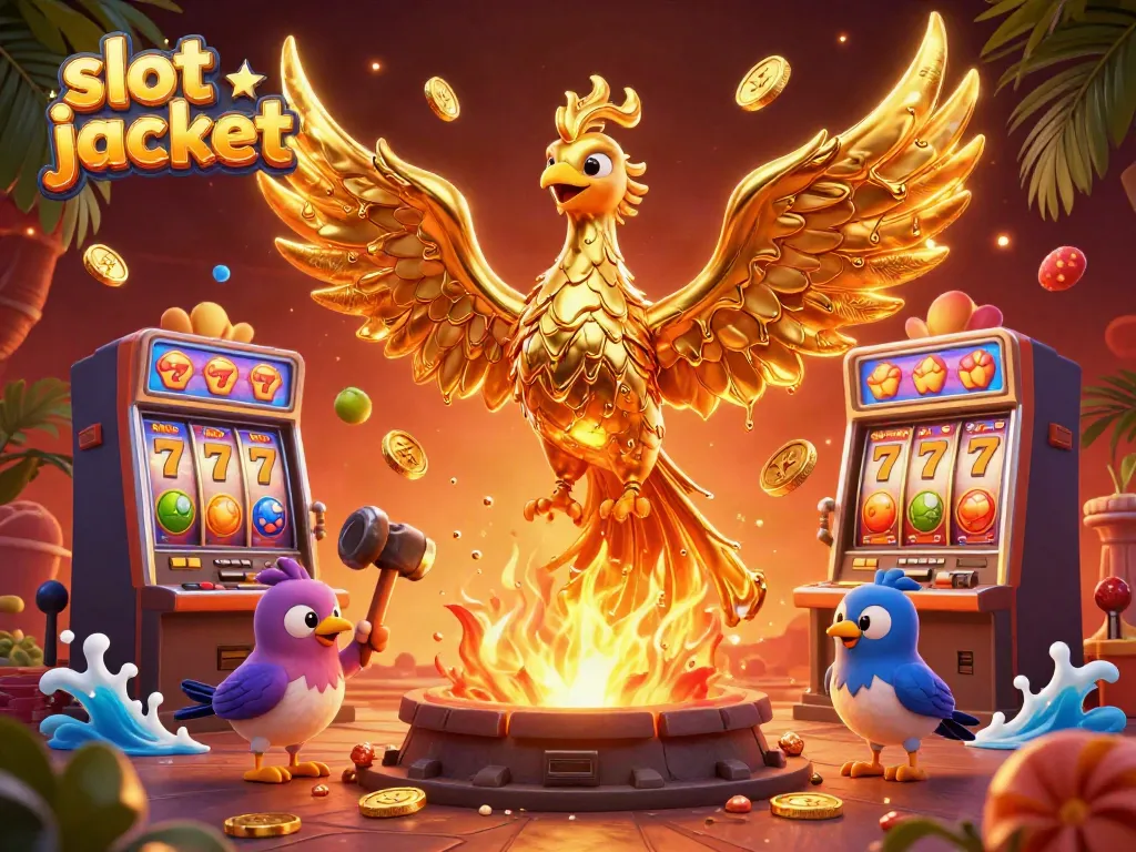 Experience the thrill of hitting a slot jackpot with a golden phoenix rising above vibrant slot machines.