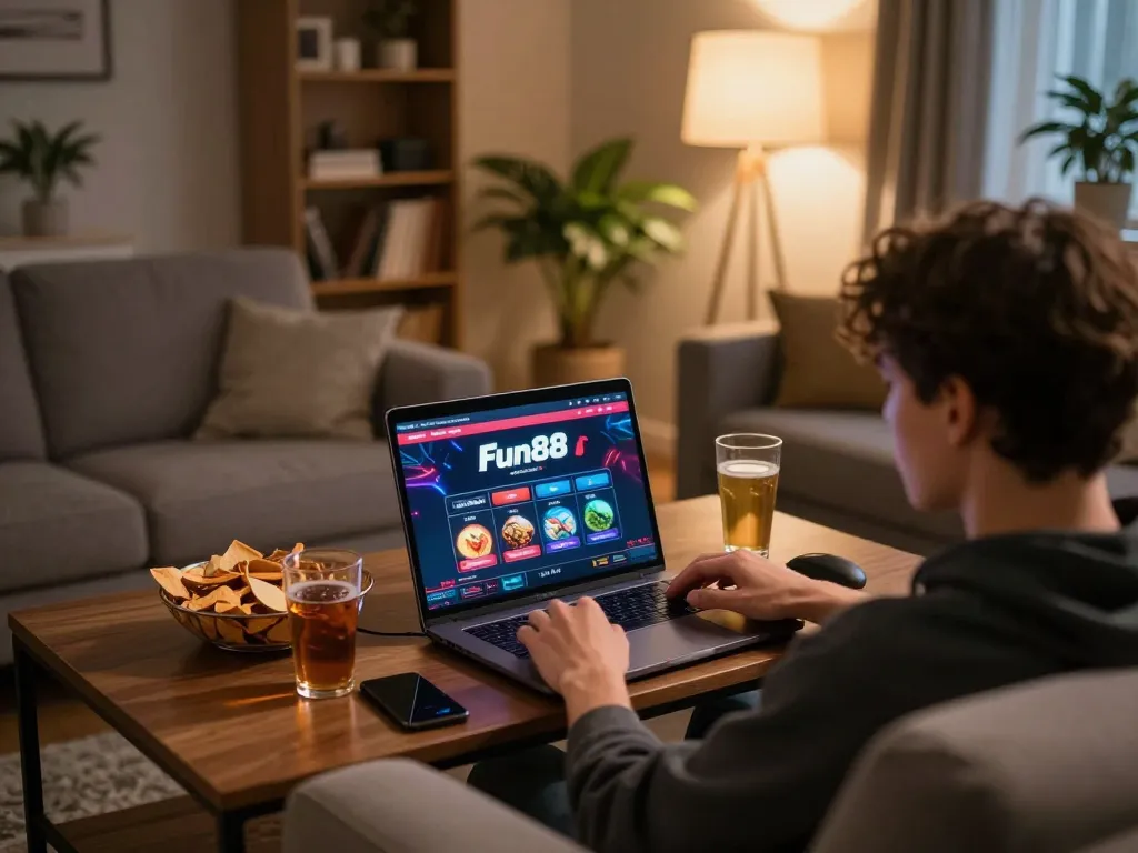 Fun88 user engaging with online casino games on a laptop in a cozy home setting
