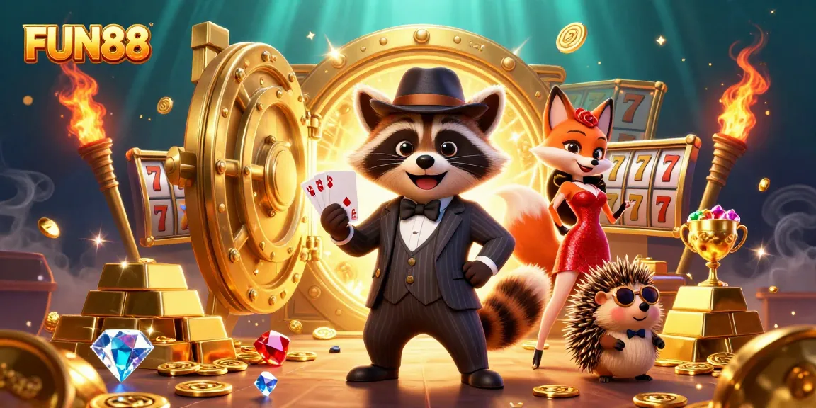 Experience FUN88 with vibrant casino characters amidst a dazzling treasure scene filled with jackpots and excitement.