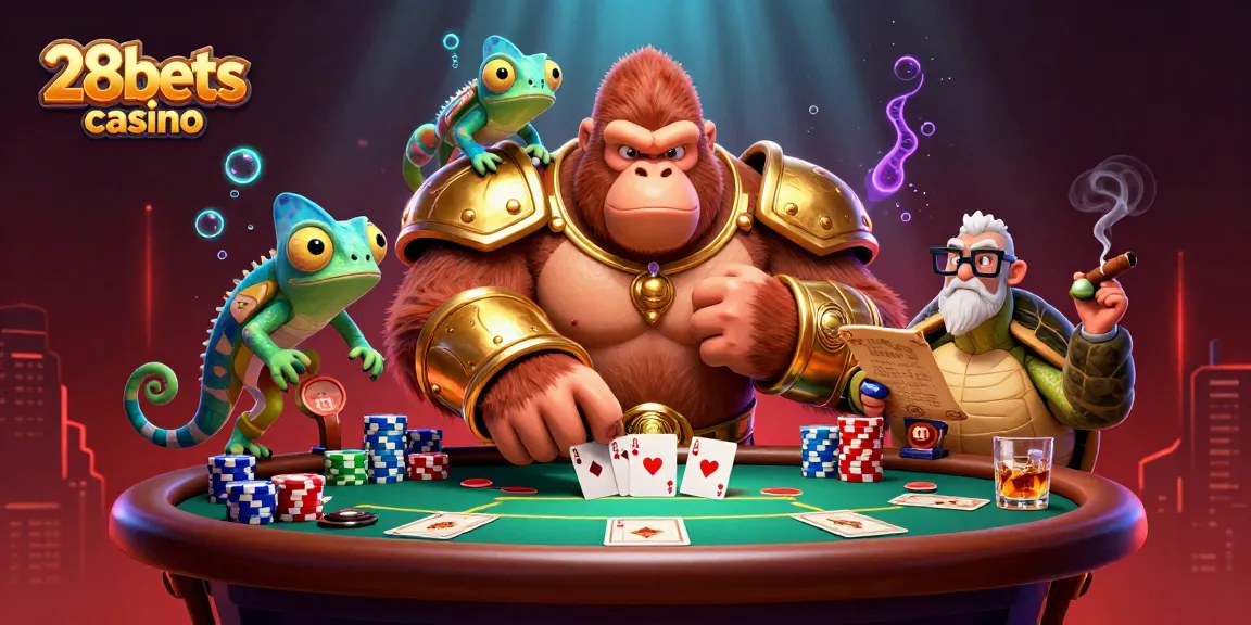 Explore thrilling action at 28bets casino with a powerful gorilla king and vibrant poker elements in a dynamic gaming environment.