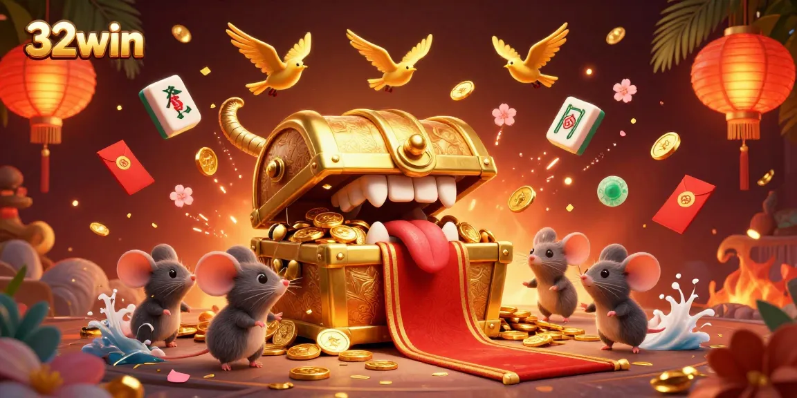 Experience the thrilling action at 32win with a vibrant and dynamic casino scene featuring treasure motifs and gaming elements.