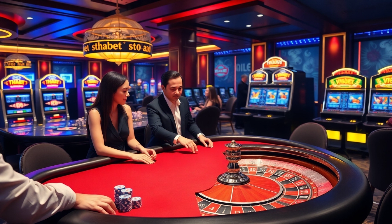 Engaging poker game scene at THABET casino with colorful chips and professional dealers.