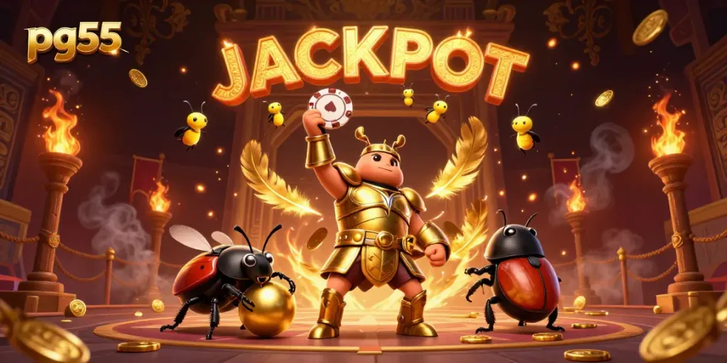 pg55 players celebrating a jackpot win with a heroic beetle and golden elements in a vibrant casino scene