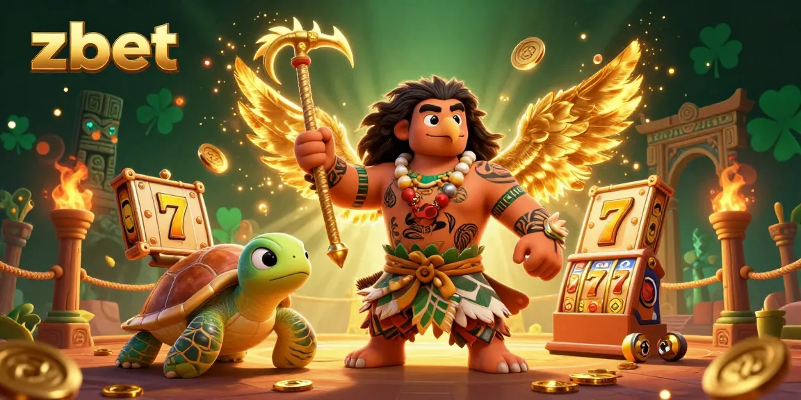 Experience zbet's vibrant slots action with a mystical hawk and turtle in a casino setting.