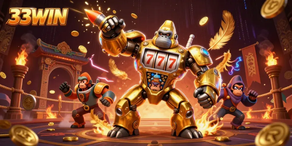 Experience thrilling gaming with the dynamic 33WIN gorilla mech and casino elements.