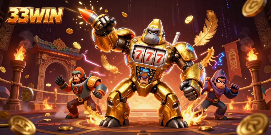 Experience thrilling gaming with the dynamic 33WIN gorilla mech and casino elements.