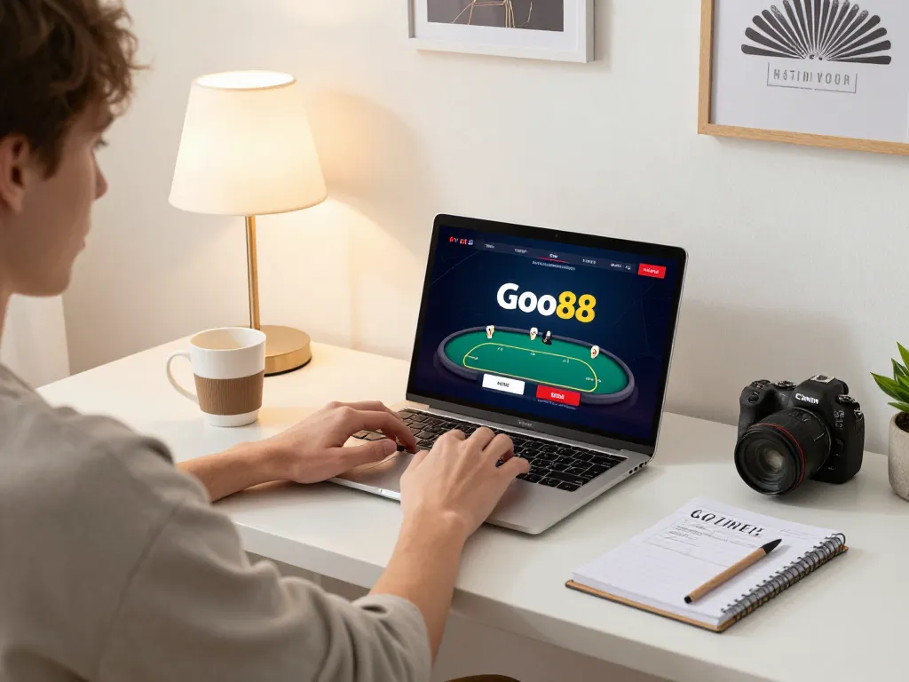 Engaging in an online poker game at home with Go88, highlighting strategic gameplay.