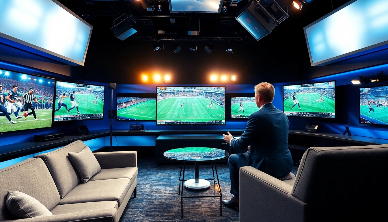 Engaging scene of a sports broadcasting studio showcasing live Sports Broadcasting events.