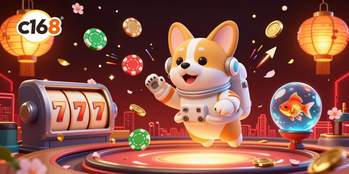Experience the thrill of c168's casino world with a playful astronaut corgi and dynamic slot elements.