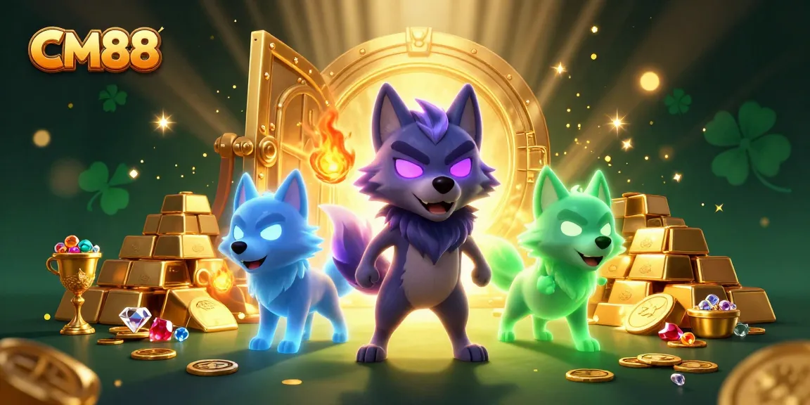 Experience thrilling gaming with CM88's vibrant casino scene featuring dynamic wolf characters and treasures.