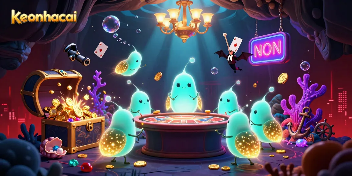 Engage in thrilling gameplay with keonhacai's vibrant cave casino scene featuring colorful glowworms and a bat dealer.