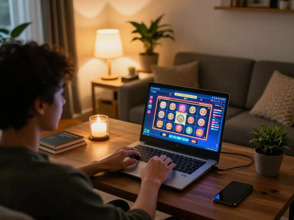 Engaging with online slots at 8k8.rest from a cozy home setup, showing laptop screen with colorful game