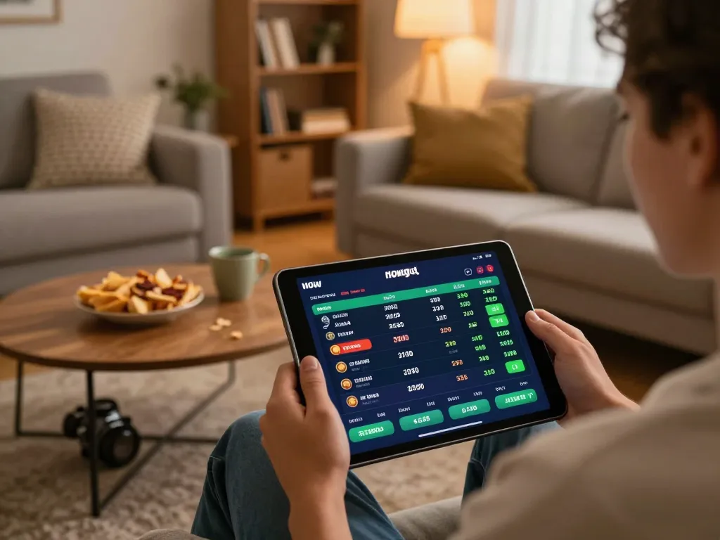Engaging with the Nowgoal app for live sports updates and betting at home.
