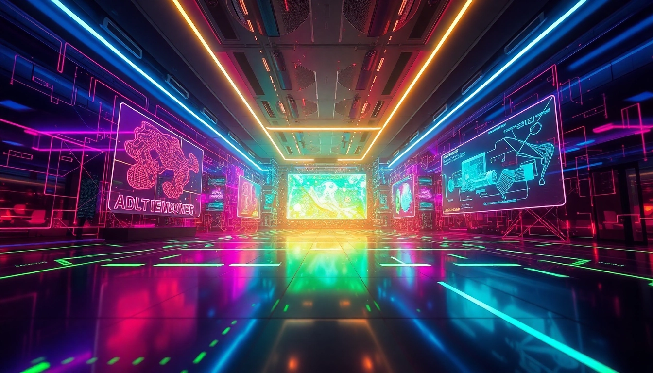 Futuristic digital landscape representing ai porn technology with neon lights and AI tools.