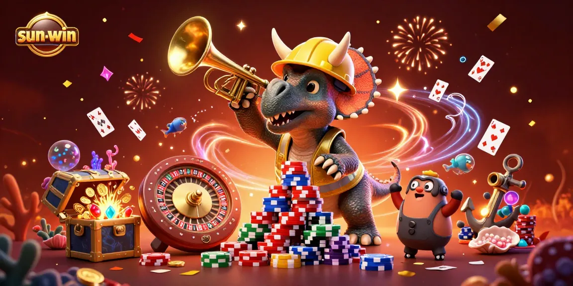 Engage in the thrilling sun-win casino experience with vibrant gaming elements and characters celebrating victory.