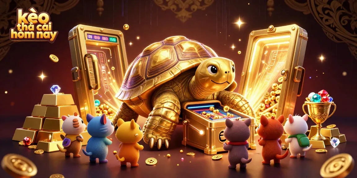 Enjoy the excitement of "kèo nhà cái hôm nay" with a dynamic 3D casino-themed illustration featuring a golden tortoise and gems.