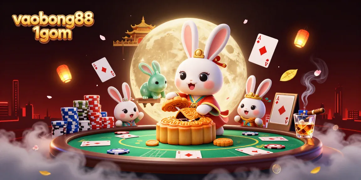 Engage in exciting poker action at vaobong88 1gom with a scene of 3D rabbits revealing poker chips.