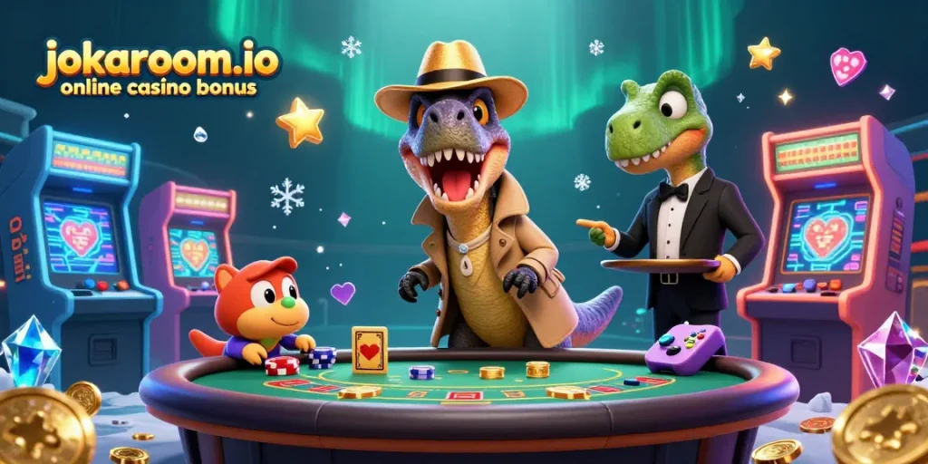 Experience the thrill of jokaroom.io online casino bonus with a dynamic dinosaur casino scene.