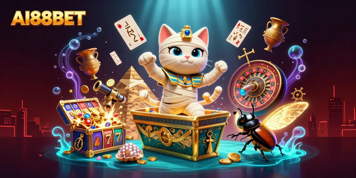 Play thrilling games at AI88BET with an exciting mummy cat in a vibrant casino scene.