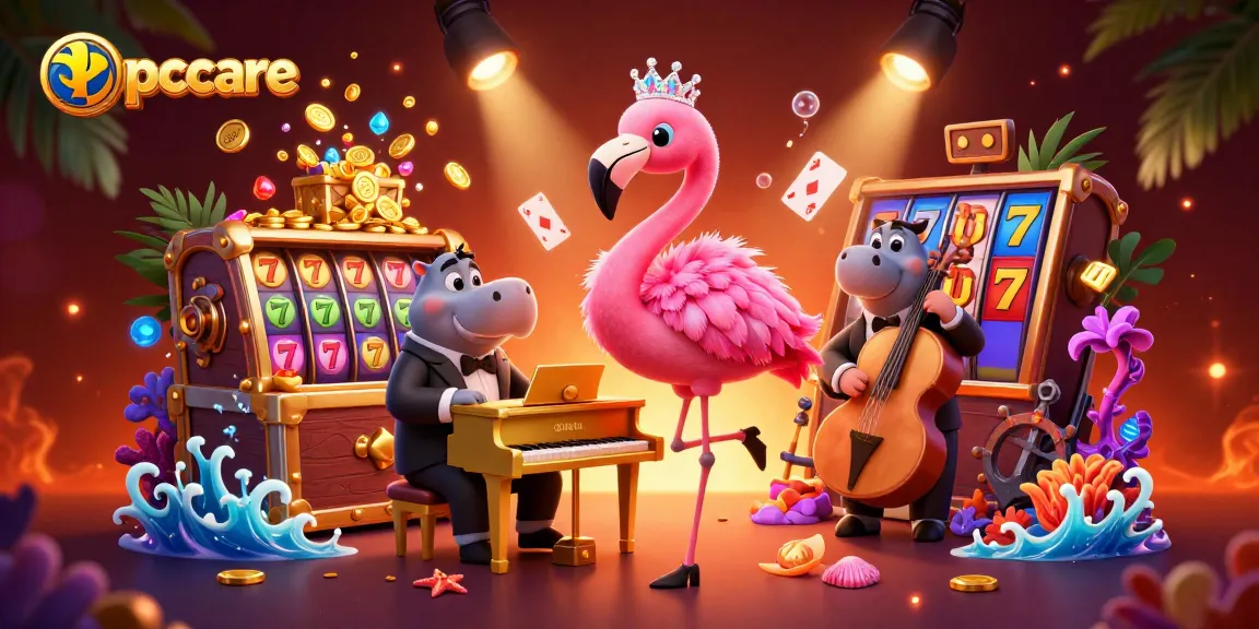 Play thrilling games at pccare with vibrant 3D casino illustration of a flamingo singer and hippo bassist.