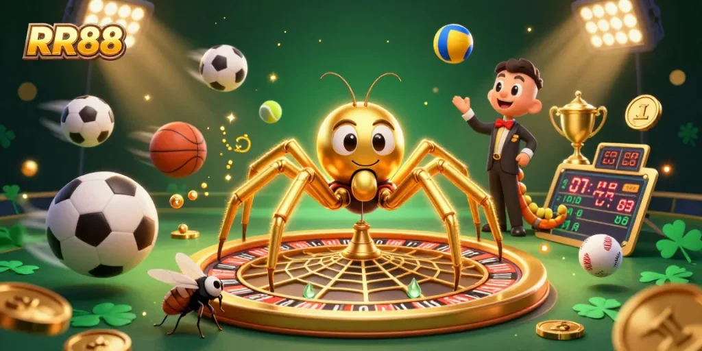 RR88 offers an immersive gaming experience with a golden spider converting web bets in a 3D dynamic casino scene.