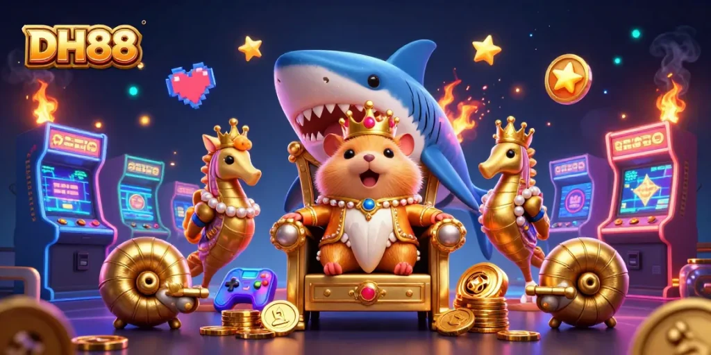 Experience exciting games at DH88 with the fierce hamster king and vibrant casino elements.