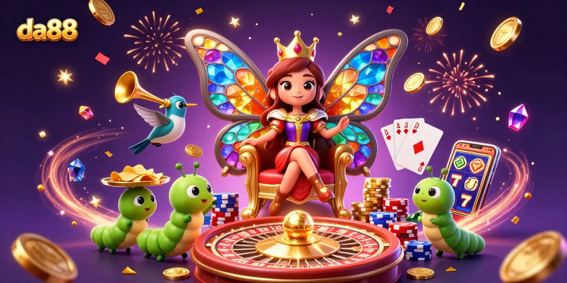 Experience the magic of da88 in this vibrant casino illustration with the butterfly queen and golden chips.