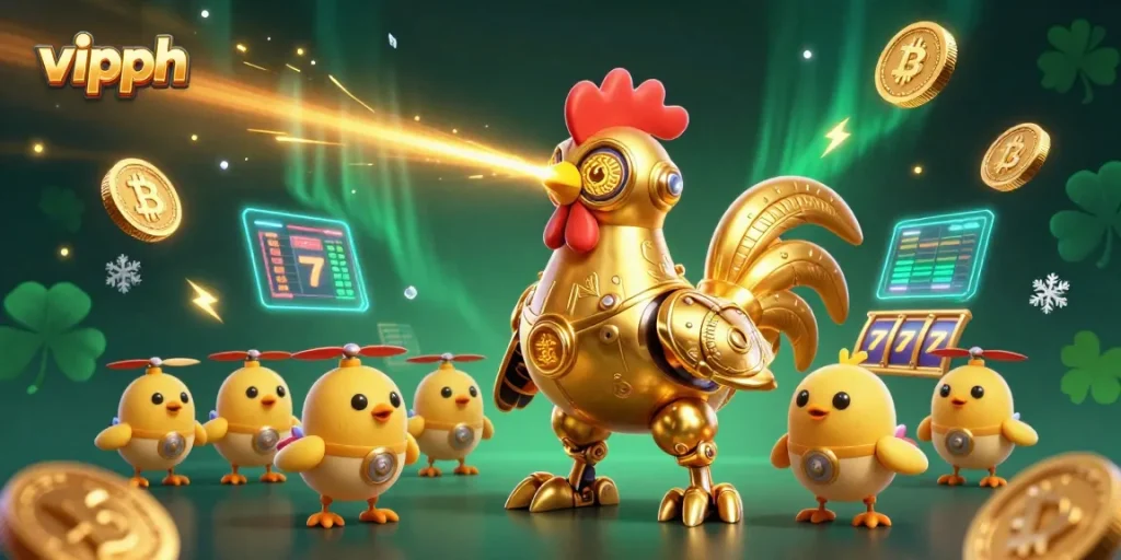 Experience thrilling action with vipph's golden rooster robot in a vibrant 3D casino scene.