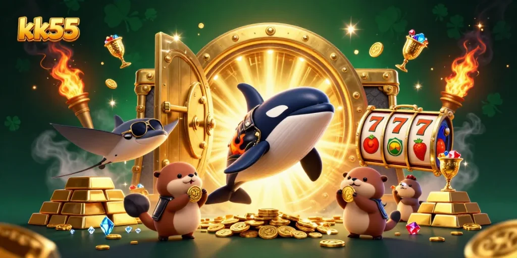 Engage with kk55: Exciting online casino scene featuring characters celebrating jackpots amidst overflowing treasures.