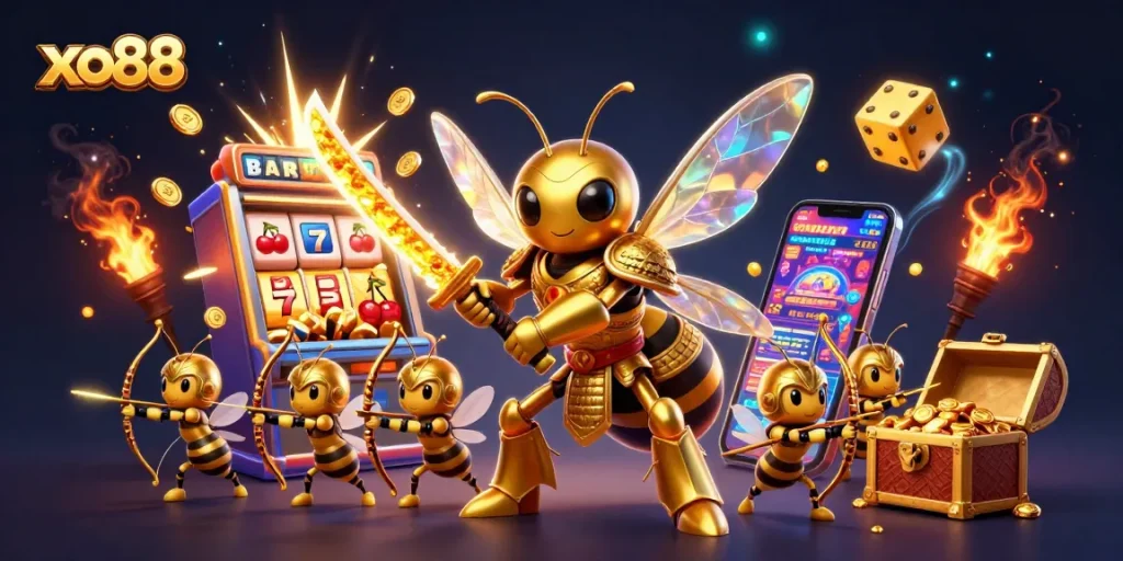 Experience casino excitement with xo88 in a vibrant, detailed scene featuring winning symbols and action.