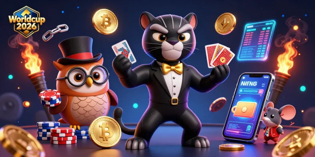 Bet on Worldcup 2026 excitement with a stylish panther, owl, and lucky mouse in a vibrant casino scene.