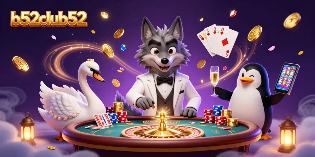 Play and win at b52club52 with a debonair wolf and elegant swan in a vibrant casino scene.