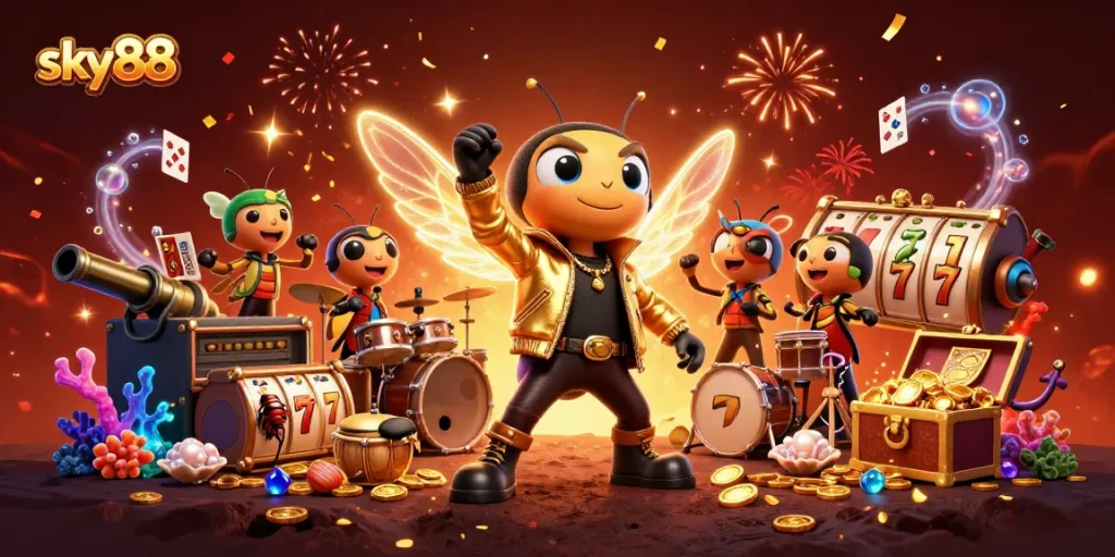 Experience thrilling gameplay with sky88 as the cicada rock star leads the casino celebration.