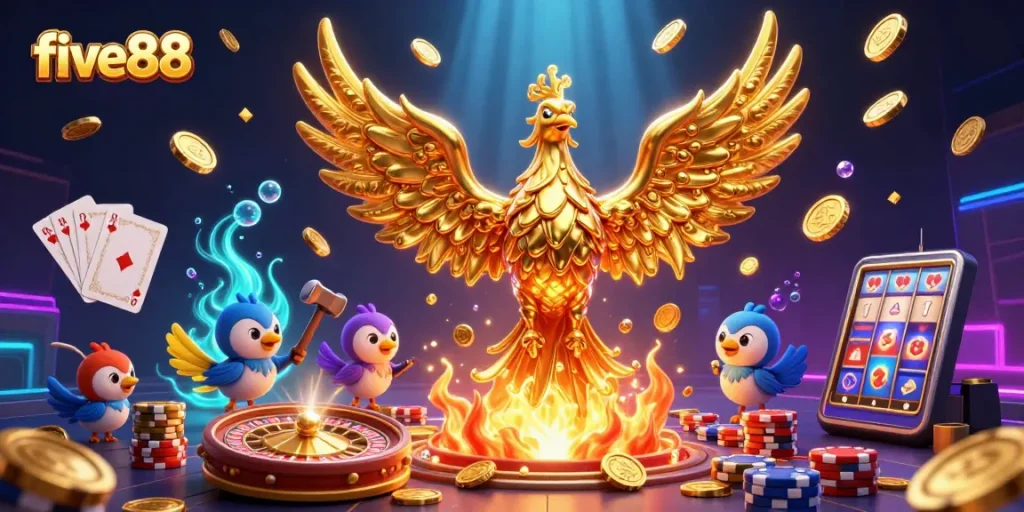 Experience the thrilling five88 casino scene with a 3D phoenix creating golden coins amidst dynamic gaming elements.