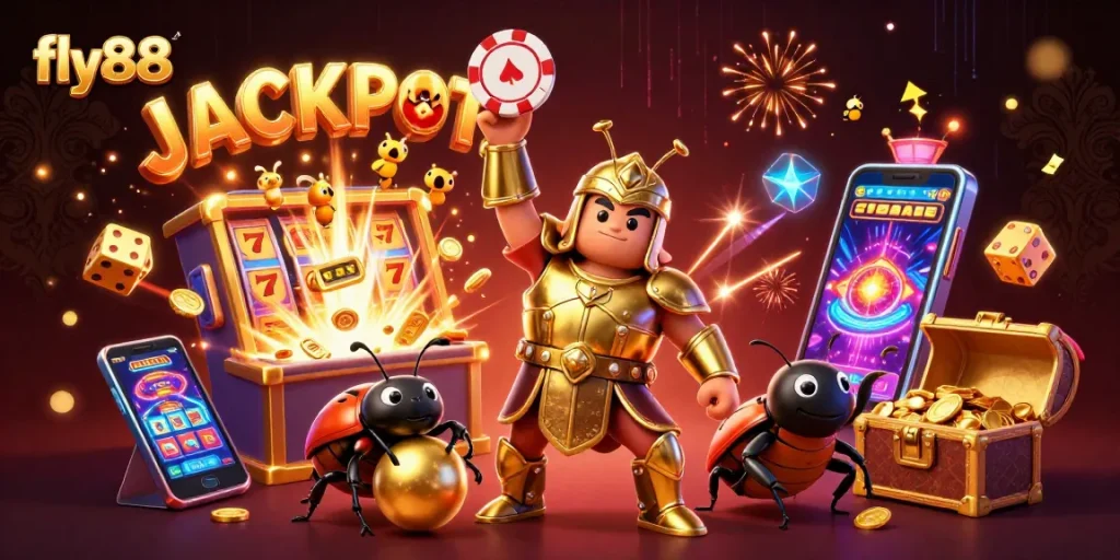 Engage with fly88's thrilling jackpot scene featuring a gladiator beetle and dynamic gaming action.