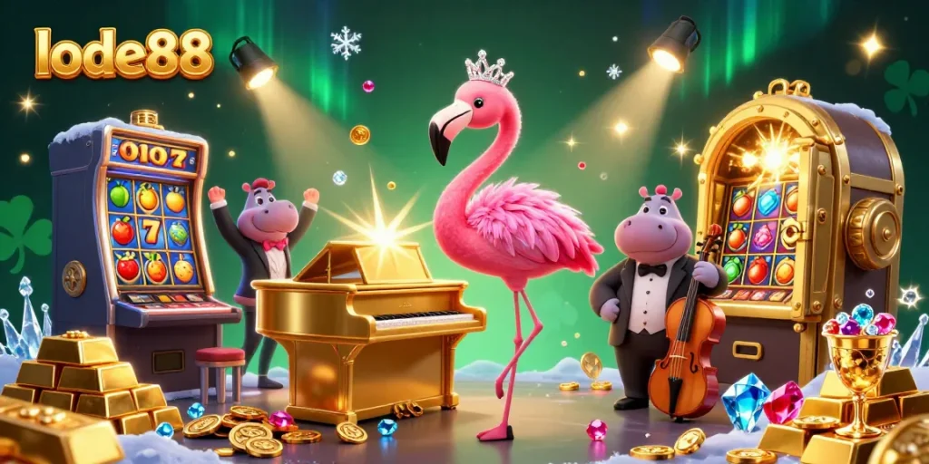 Win big at lode88 with a vibrant 3D illustration of a lively casino scene.