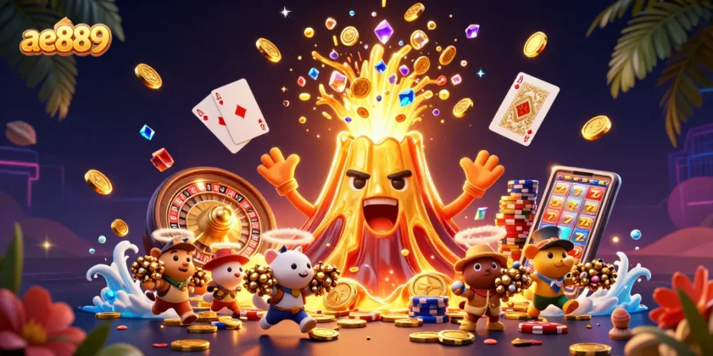 Experience thrilling action at ae889 with a vibrant scene of a erupting volcano surrounded by dynamic casino elements.