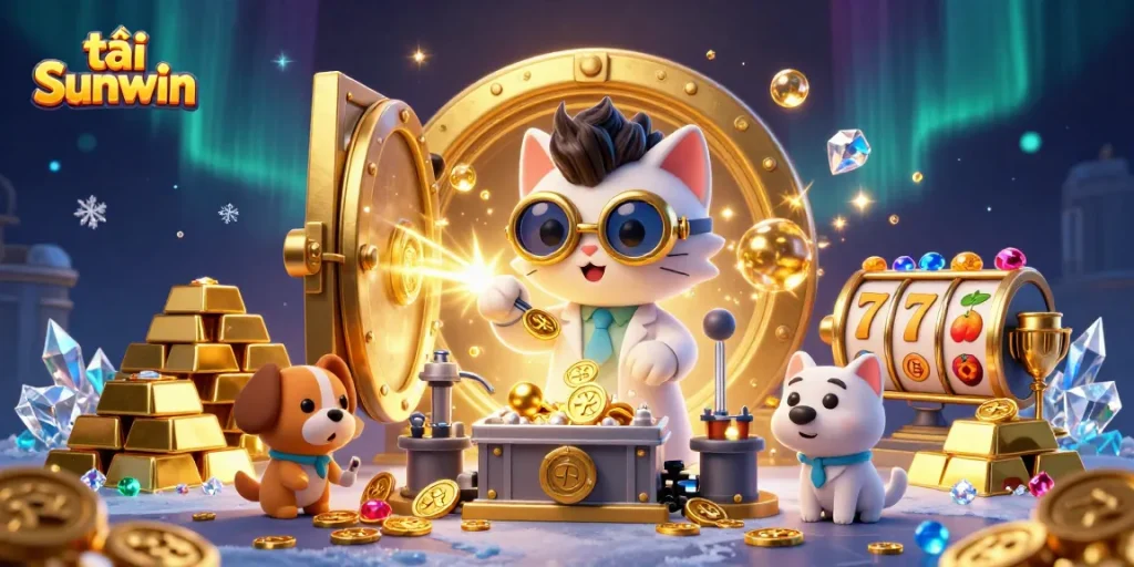 Tải Sunwin to spin vibrant slot reels surrounded by golden treasures in a lively digital casino.