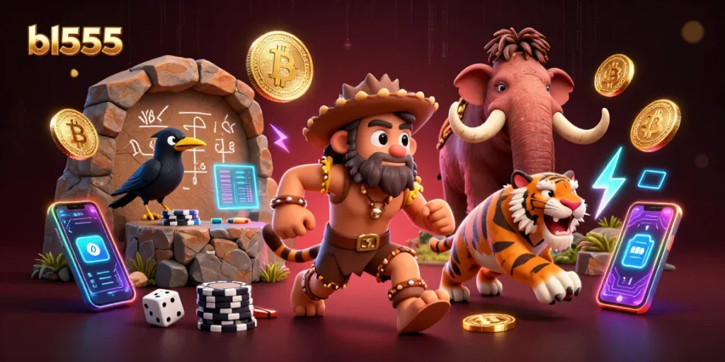 Experience the excitement of bl555 in a vibrant prehistoric casino scene filled with digital gambling elements.