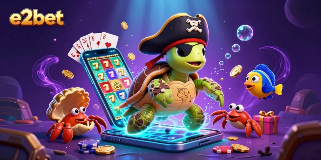 Experience vibrant gameplay with e2bet's cartoon pirate scene featuring exciting slot game elements.